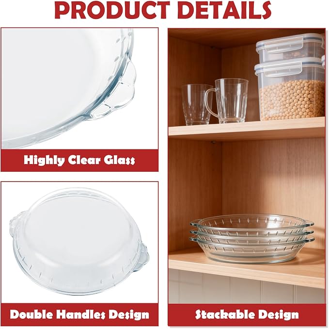4 Set Glass Pie Pan with Handles, 8 Inch Glass Pie Plate for Baking, Round Glass Pie Dish for Baking Quiches, Tarts, Desserts & Salads, Oven & Freezer Safe Kitchen Accessories