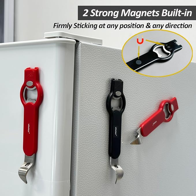 3-in-1 Magnetic Bottle & Can Opener, Manual Can Punch Opener, Black | Punch Can Opener for Liquid with Cap Catcher, Stick to Fridge/Refrigerator for Easy Storage,Magnet Can Tapper Church Key