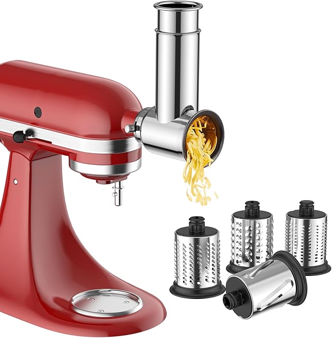 Stainless Steel Slicer Shredder Attachment for KitchenAid Mixer | Cheese Grater Attachment for KitchenAid Stand Mixer, Salad Maker, Grinding Powder, Dishwasher Safe with 4 Blades