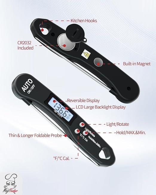 5 PCs Fast 1.2s Instant Read Meat Thermometer for Grilling & Smoking, ±1°F Accuracy with Calibration, Reversible Backlit LCD for Left/Right Hand, Magnetic Digital Food Thermometer for BBQ, Candy, Oil