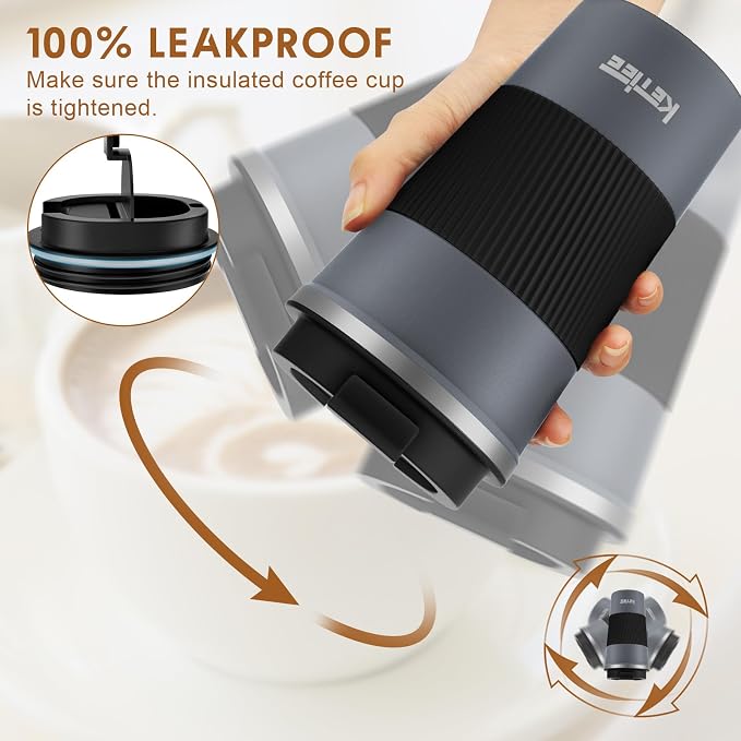 KETIEE Travel Coffee Mug Spill Proof 12oz, Insulated Reusable Coffee Cups with Seal Lid, Vacuum Stainless Steel Travel Mug to Go Car Tumbler for Hot/Iced Drinks (Grey)