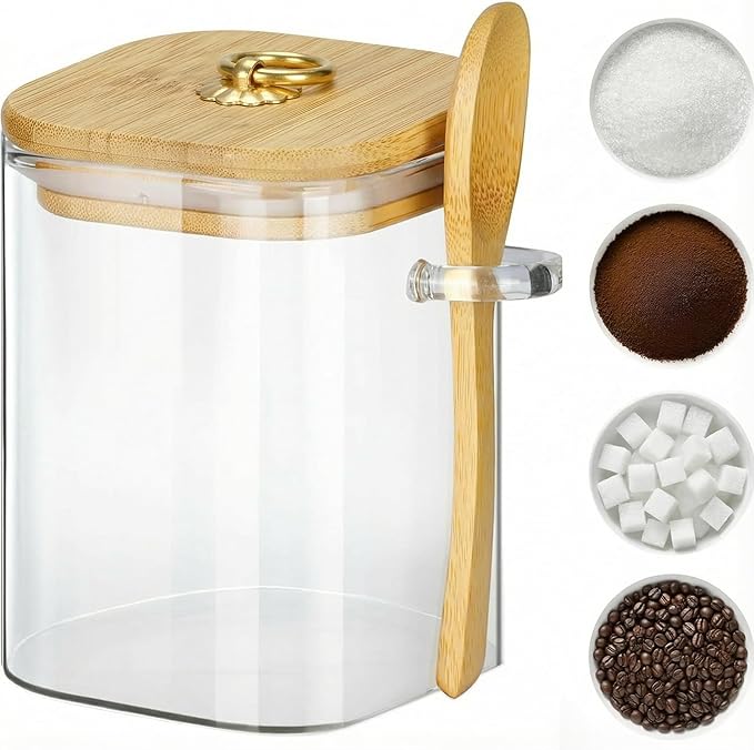 Glass Jars with Bamboo Lids and Spoons, 16 oz Glass Storage Containers | Dry Food Storage Sugar, Coffee, Nuts, Cookie, Candy, Tea, Airtight Kitchen Canisters Spice Jars