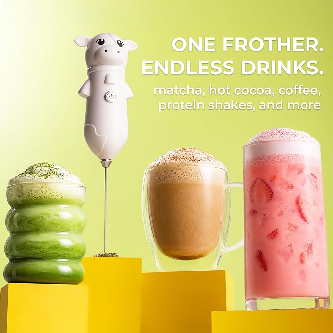 Zulay Kitchen Cow Milk Frother Wand – Cutesy Frother, Meet Your New Frothing Buddy Daisy The Cow, Adoption Papers and Stickers Included, Purrr-fect for Lattes, Cappuccino & Matcha – White