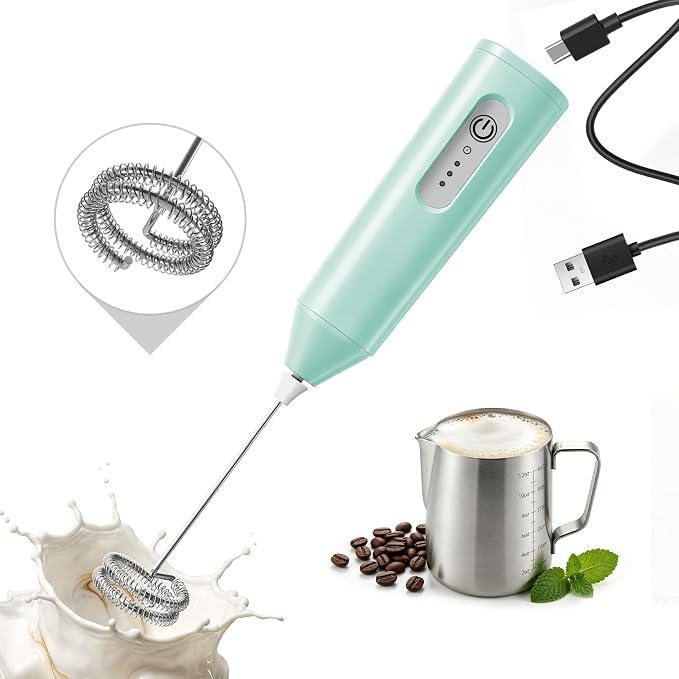 Puraville Rechargeable Electric Milk Frother Handheld, Light Green | 3 Speeds Electric Whisk Drink Mixer, Type-C Charging BPA Free for Coffee, Latte, Cappuccino, Egg,Cream