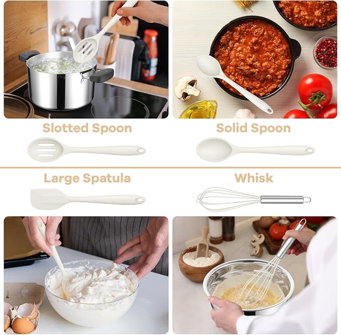 TeamFar Silicone Cooking Utensils Set, 8 PCS Kitchen Utensils Set, White | 446°F Heat Resistant Turner, Spatula, Spoon, Whisk, Kitchen Cooking Gadgets Tools, for Nonstick Cookware, Dishwasher Safe
