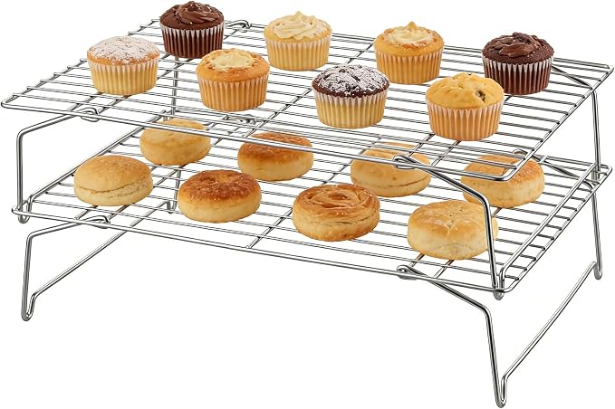 Herogo Cooling Rack, 2-Tier Stainless Steel Baking Rack for Cookies, Cupcakes, and Pastries, Collapsible Space-Saving Design, Dishwasher Safe, Ideal for Baking, Roasting, and Drying