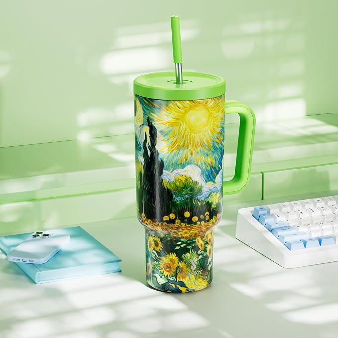 Meoky 40 oz Tumbler with Handle and Straw: Stainless Steel Insulated Tumbler with Lid and Straw - 100% Leak Proof Tumbler for Car Cup Holders - Travelers Commuters Workers, Sunflower
