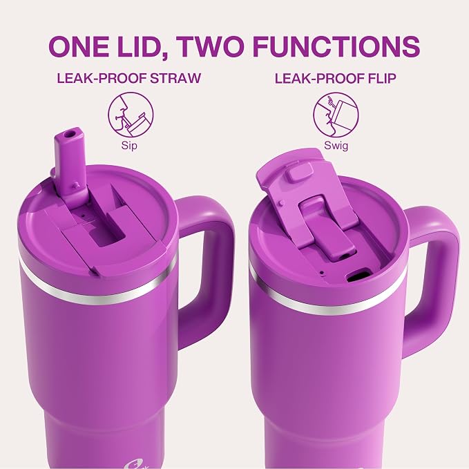 32 oz Tumbler with Handle and Straw: Stainless Steel Insulated Tumbler Keeps Cold for 24 Hours, Leakproof Travel Cup Fits in Cup Holder and BPA-Free,Bright Magenta
