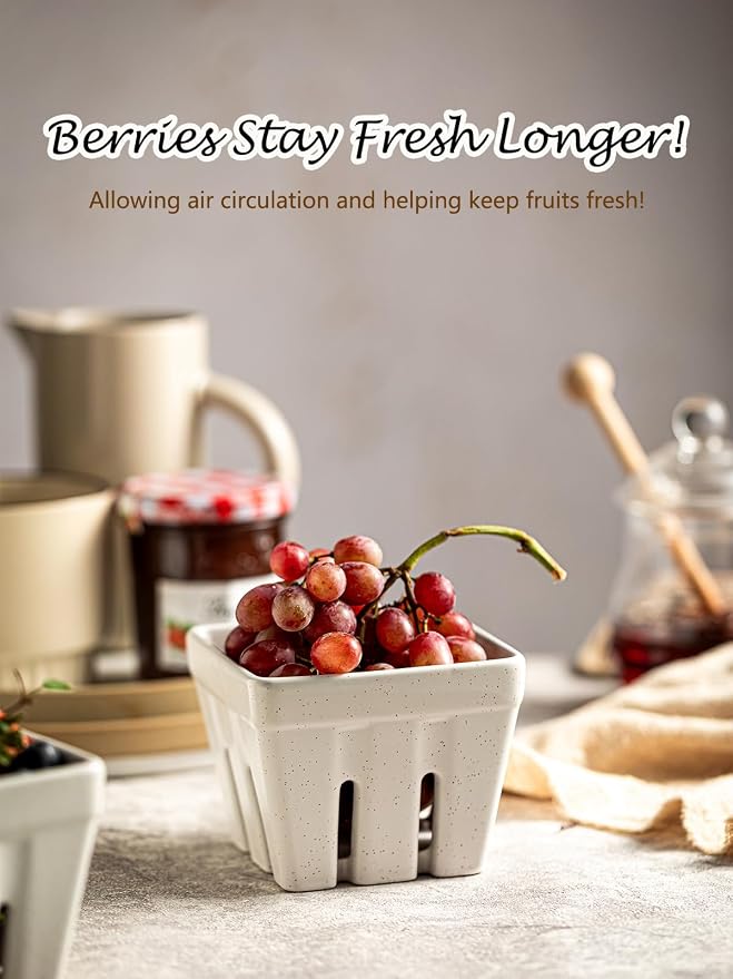 Gomakren Berry Bowl Set of 2, Ceramic Berry Basket, Square Fruit Bowls with Holes, Rustic Fruit Basket Containers for Kitchen Fridge, Berries, Strawberry, Grape, Cherry, Cream White