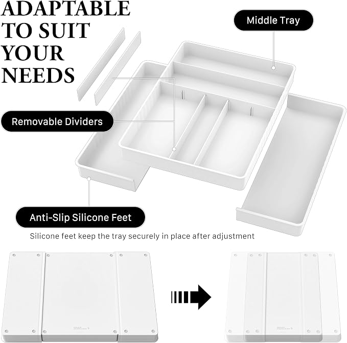 Simple Houseware Expandable Kitchen Drawer Flatware Organizer, White | Expandable & Adjustable Cutlery Drawer Organizer - Large Utensil and Flatware Tray for Kitchen Drawers