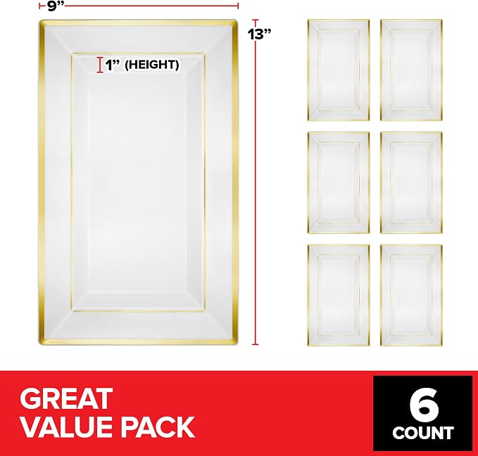 (6 Pcs) Premium White and Gold Plastic Serving Tray, Plastic Serving Platter Disposable, White Rectangle Party Trays and Platters for Fruit, Dessert, Cookies, Appetizers, Holiday Parties