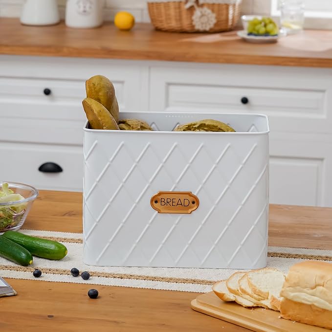 Extra Large Rhombus Pattern Embossed Bread Box with Bamboo Lid | Corner Breadbox for Homemade Bread, White Metal Bread Storage Container Bin for Kitchen Countertop, Fits 2 Loaves of Bread