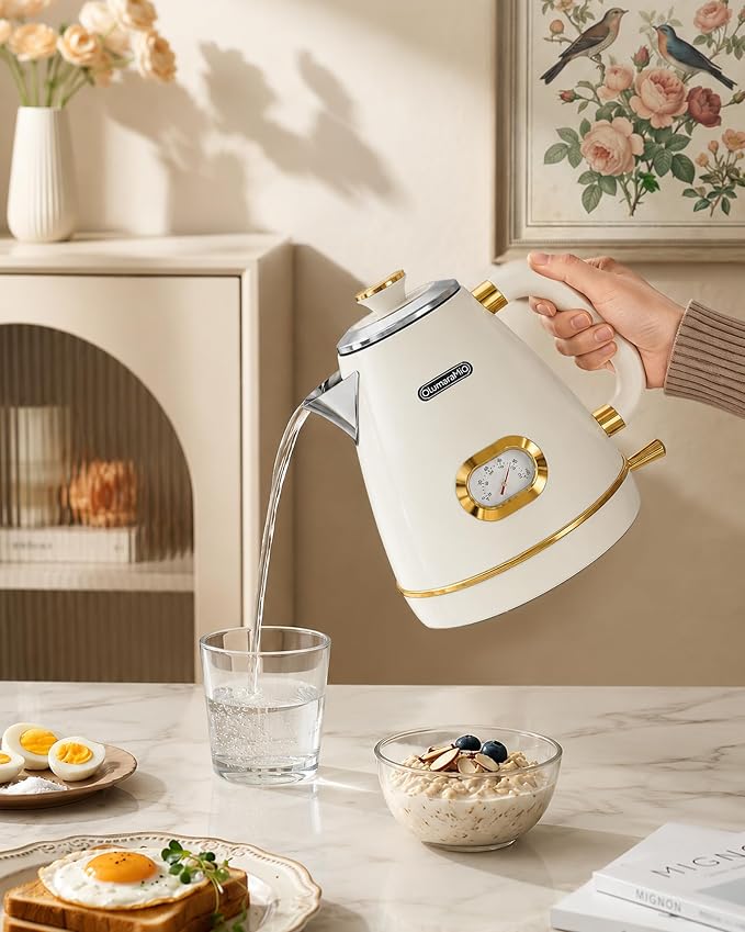 Olumaramio 1.7L Retro Electric Kettle with Thermometer, 1500W, Pearl White | 304 Stainless Steel, 1500W Fast Boiling, Auto Shut-Off, Boil-Dry Protection, BPA-Free