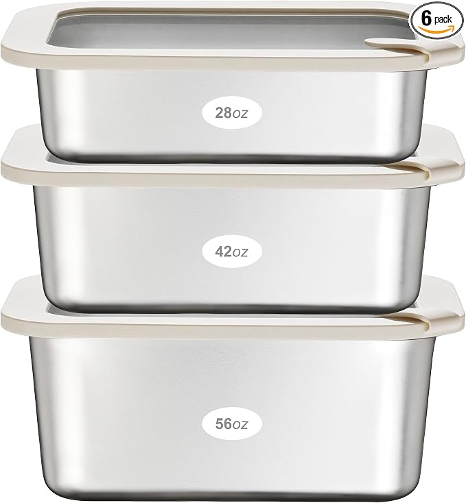 Stainless Steel Food Containers with Glass Lid, Airtight Leakproof Stainless Steel Storage Containers in set of 3, Rectangle Shape, Microwave Safe Food Storage Container Set, 100% Plastic Free