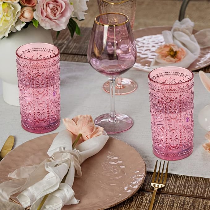 Darlion Vintage Glassware, Pink Glasses Drinking, 12oz Highball Glasses | Lead-Free Glass, Food Grade Glass, Durable&Sturdy, Vintage Decoration