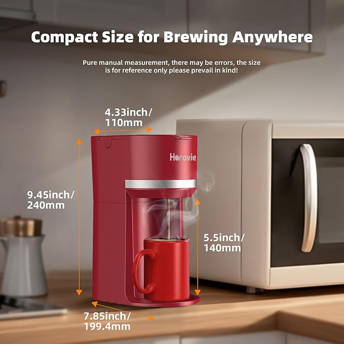 Horavie Mini Single Serve Coffee Maker for K-Cup Pods and Grounds, Fast Brew One Cup Coffee Machine with Descaling Reminder and Water Window, 6 to 12 oz. Brew Sizes, Red