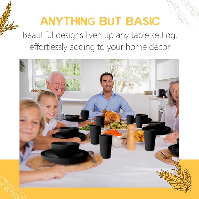 Teivio 32-Piece Plates and Bowls Sets for 8, Deep Black Dinnerware Sets | 13.5oz Cups, Plastic Wheat Straw Unbreakable Dish Set, Dishwasher Safe, for Outdoor Camping RV Apartment Essentials Plate Set