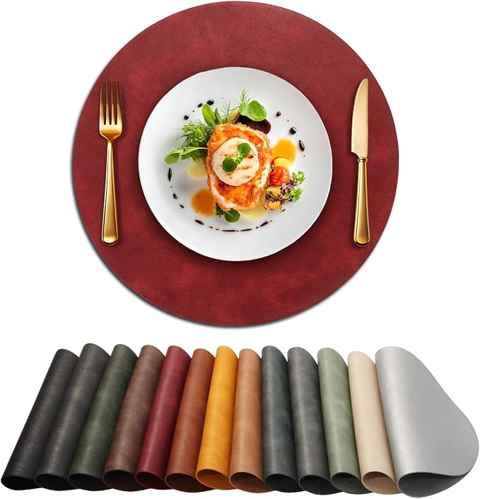 UnivoColors Placemats Round Faux Leather Placemats Set of 6-Waterproof-Wipe Clean-Heat Resistant-Anti Slip Dining Table Place Mats,Suitable for Indoor & Outdoor Use,15".Retro Red