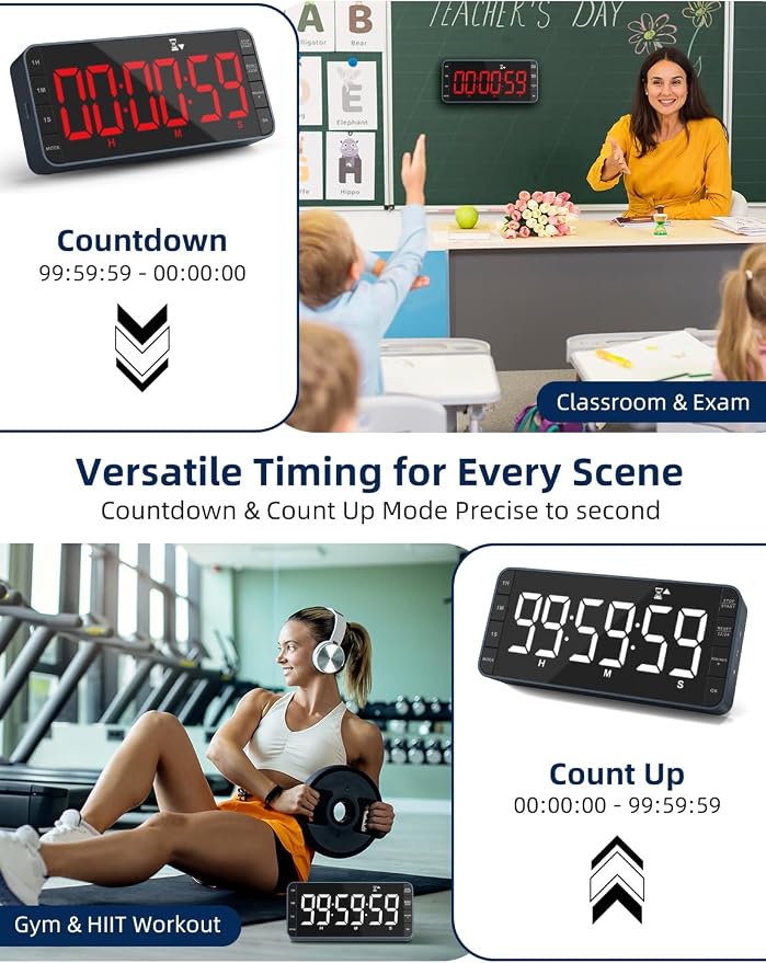 Large 7.8" Digital Timer with LED Display, Magnetic for Kitchen & Classroom | USB-C Rechargeable Timer with 99-Hour Count Up & Countdown, 3 Brightness Levels, 5 Alarm Sounds, 4 Volume Levels for Study