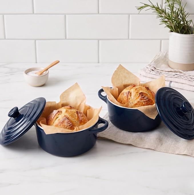 Kook Ceramic Mini Cocotte Set, Small Casserole Dishes with Lids and Handles, Individual Baking Ramekins, Oven safe 350F, Microwave & Dishwasher Safe, Stoneware, 12 oz, Set of 4, (Navy)