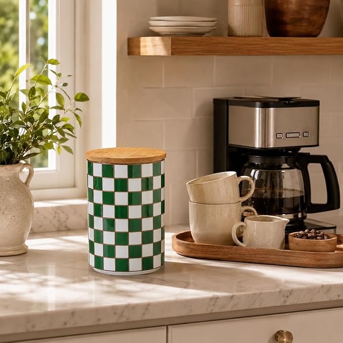 Kitchen Countertop Ceramic Checkered Canisters,Black And White Food Storage Containers With Lid,Airtight Kitchen Canisters for Flour, Sugar, Coffee, Tea, and Dry Goods (Green, XL)