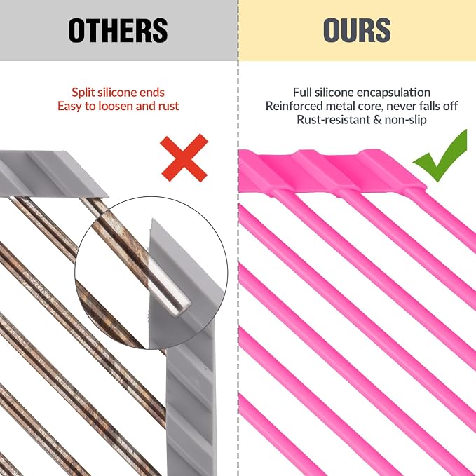 Tomorotec Roll Up Dish Drying Rack with Silicone Coating, Hot Pink | 304 Stainless Steel with BPA-Free Silicone, Triangle Design Maximizes Sink Corner Space, Fits Compact Kitchens And RVs