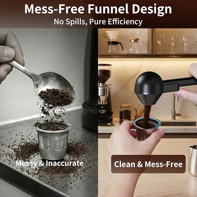 Coffee Scoop with Funnel for Reusable K Cup, 2 TBSP Measuring Spoon | Mess-Free Funnel Design, Sliding Leveler for Precise 2 TBSP, Long Handle for Coffee, Protein Powder & Tea (1-Pack)