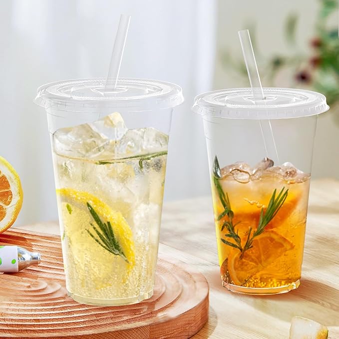 Dealusy 100 Pack - 24 oz Clear Plastic Cups with Lids and Straws | Sturdy & Food Safe Iced Coffee Cups with lids, Disposable Plastic Smoothie Cups for Cold Drinks