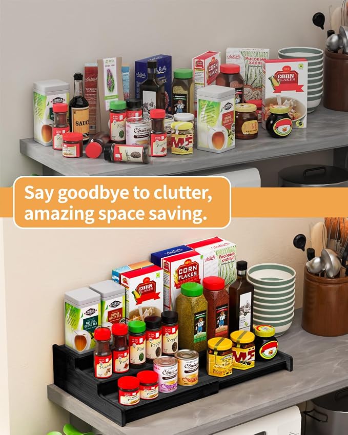 Spice Rack 3-Tier Natural Bamboo, Adjustable Cabinet Organizer Shelf | Expands 8.7-15.6"cabinets. Stepped design, labels visible.Storage organizer saves space, easy wipe. For spices, jars,cans.