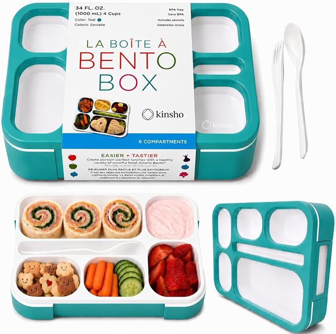 kinsho Bento Box Lunch-Box Containers for Kids, Adults | 6 Compartment Lunch-Boxes | Leakproof School Bentobox, Snack or Meal Portion Container | BPA-Free, Teal