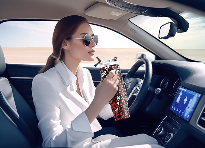 Meoky 40 oz Tumbler with Handle and Straw, Insulated Tumbler with Lid and Straw, Stainless Steel Travel Mug, Keeps Cold for 34 Hours, 100% Leak Proof, Fits in Car Cup Holder (Romance)