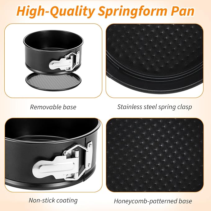 4 Pcs 6 Inch Black Springform Pan with 100 Baking Paper, Removable Bottom Carbon Steel Mini Cheesecake Pans Round Springform Cake Pan with Stainless Steel Spring Buckles for Baking Kitchens Restaurant