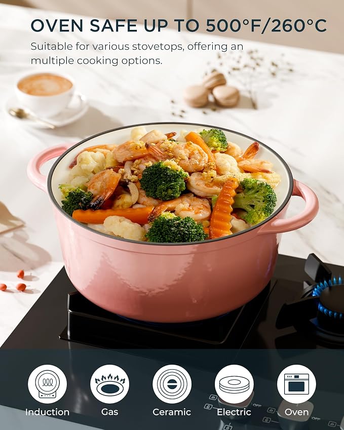 Enameled Cast Iron Dutch Oven - 4.5QT Dutch Oven Pot with Lid & Cotton Potholders - Heavy-Duty Non Stick Casserole Pot for Braising, Stews, Roasting, Baking, Suitable for All Stovetops, Gentle Pink