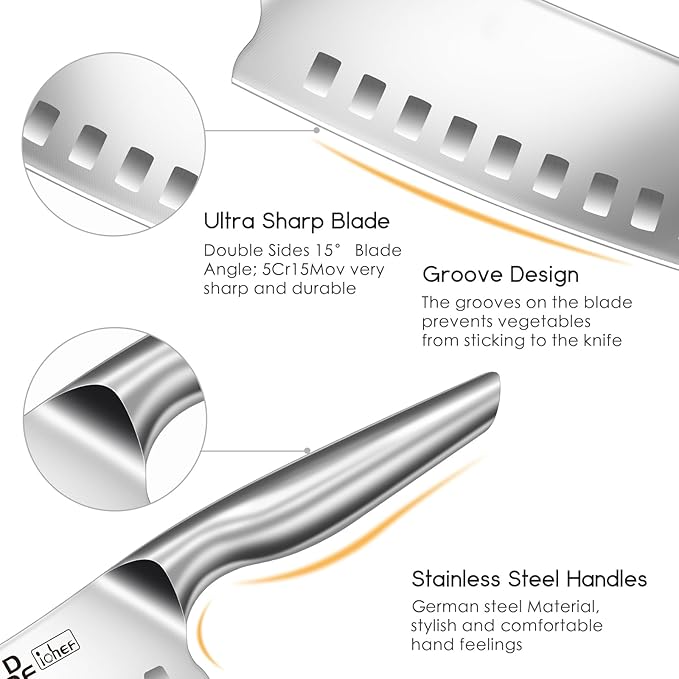 Chef Knife 7 Inch, High-Carbon Stainless Steel Santoku, Dishwasher Safe | Japanese Kitchen Knife with Ergonomic Hollow Handle, Ultra Sharp Santoku Knife for Chopping, Silver