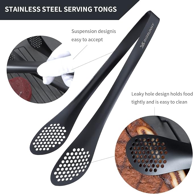 MSY BIGSUNNY Stainless Steel Buffet Tongs - Heavy Duty Kitchen Food Tong for Cooking and Serving (Black - 11" Serving Tongs)