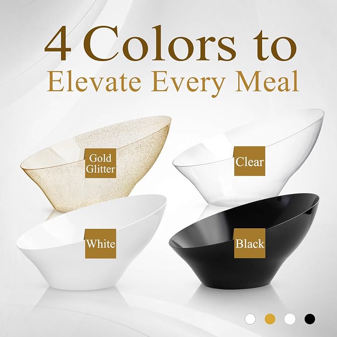 16PCS Gold Plastic Serving Bowls - 54 OZ Angled Table Salad and Fruit Bowls Disposable for Chip & Candy - Ideal for Party & New Year