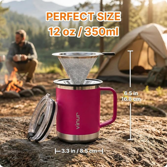 VINUR Insulated Pour Over Coffee Maker-12 oz Stainless Steel Coffee Maker | Double Wall Insulated Coffee Maker With Stainless Steel Filter for Home Office Outdoor, Gift for Men & Women (Fuchsia Red)