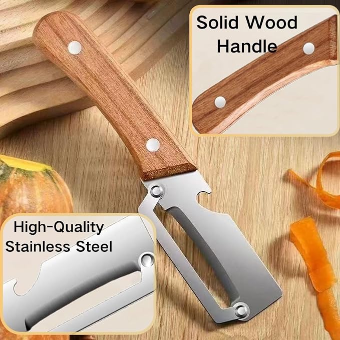 2 PCS Multi-Functional Kitchen Peeler, Vegetable Peeler, Wooden Kitchen Tool, Premium Wooden Handle - Stainless Steel Single Blade & Built-In Bottle Opener, Suitable for Peelable Vegetables & Fruits