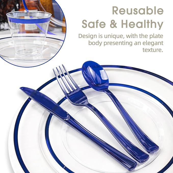600PCS Clear Blue Plastic Plates, Disposable Dinnerware Set for Party | 100 Guest, 100 Dinner & Dessert Plates, Forks, Spoons, Knives, Cups, Navy Blue, for Wedding, Bridal Shower, Labor Day