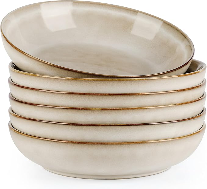 AmorArc 8.5’’ Ceramic Pasta Bowls Set of 6, 36oz Large Stoneware Bowls Set | Large Dinner Serving Bowls Set, Wide Bowl Plate for Pasta,Salad, Soup, Microwave Safe, Reactive Glaze-Cappuccino