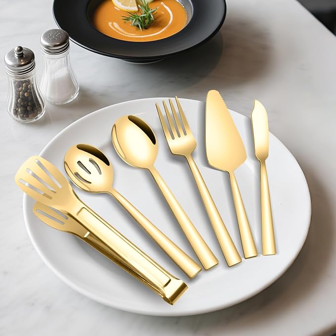 Stainless Steel Serving Utensils, 10PCS Serving Utensils Flatware Set | Gold Serving Set include Spoons Forks Slotted Spoons Appetizer Tongs Cake Server Butter Knife for Party Wedding