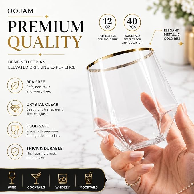 40 Pack 12 oz Disposable Plastic Wine Glasses - Diamond Gold Rim Stemless | Shatterproof BPA-Free Reusable Cocktail Whiskey Champagne Cups, Recyclable, Unbreakable for Wedding Party Birthday, Oojami