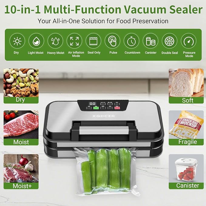 95kPa Vacuum Sealer Machine, Dual Pump, Vacuum & Inflate, Double Heat Seal | 10-in-1 Food Vacuum Sealer with Easy-Lock Handle, Built-In Cutter, Bag Storage, Hose & 2 Bag Rolls, Stainless Steel Design
