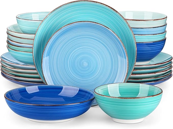 vancasso Bonita Stoneware Dinnerware Sets, 24 Pieces Dishes Set for 6 | Hand-Painted Spiral Dishes for Dinner, Ceramic Kitchen Plates and Bowls Sets-Microwave and Dishwasher Safe (Blue,24 Pcs)