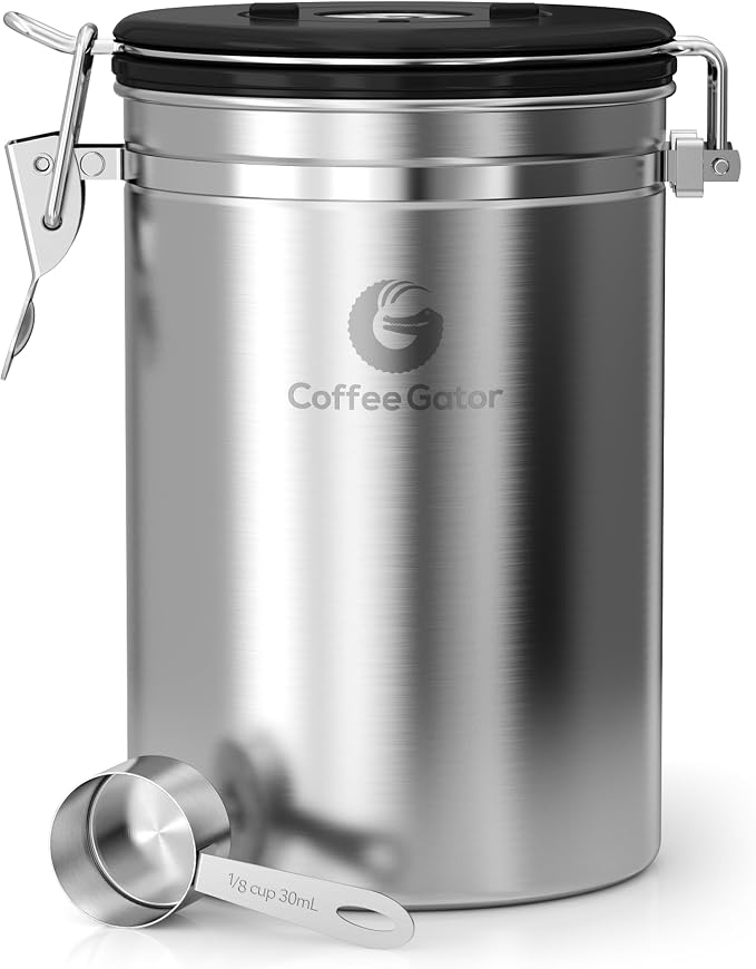 Coffee Gator Coffee Canister, 22oz Airtight Stainless Steel Container | w/ Date Tracker, Scoop,Valve, Kitchen Food Storage Jars for Beans,Ground, Rice, Tea, Sugar, Cookie, Bar Accessories, Silver