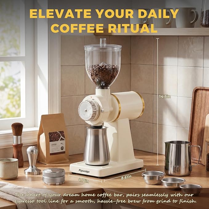 Electric Burr Coffee Grinder, 8 Grind Settings Cream Style White | 64mm Stainless Steel Flat Burr, Low Static & Quiet, for Espresso Pour Over French Press, 3-in-1 Receiving Cup, Easy Clean