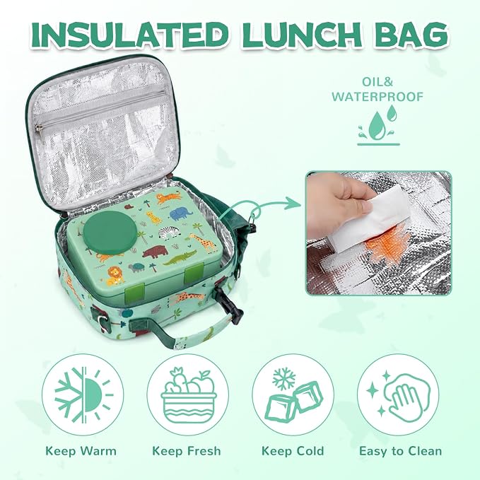 Bento Box for Kids, Leakproof Kids Lunch Box with 8.5OZ Thermo Food Jar & Lunch Bag, 3-4 Compartments Toddler Insulated Lunch Box for Boys, BPA Free Lunch Containers for School Daycare