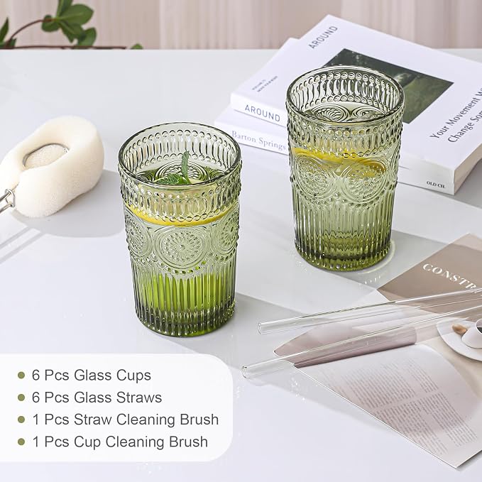ZMOWIPDL Drinking Glasses Set of 6,13oz Flower Design Green Glass Cups | Vintage Glassware,Textured Tumblers,Embossed Striped Drinkware for Water,Cocktails,Juice,Iced Coffee