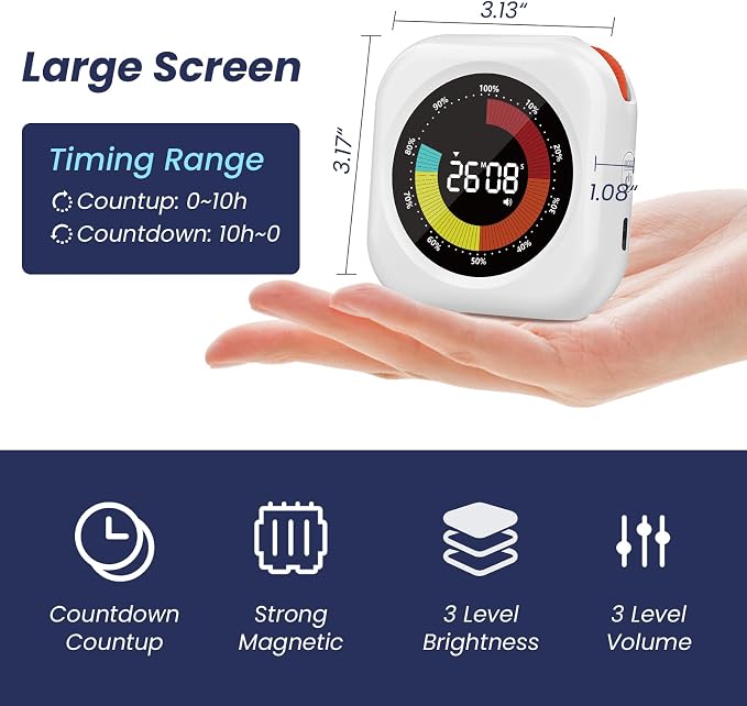 PERSUPER Visual Timer for Kids, Rechargeable 10-Hour Countdown/Up Timer | with 3 Volume Levels, 3 Brightness Display, and Magnetic, Homeschool Study Tool, Large Digital Timers for Classroom, Kitchen