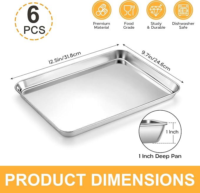 Onader 9 x 13 Inch Baking Sheet Set of 6, Stainless Steel Quarter Sheet Pan for Baking & Roasting, Metal Cookie Toaster Oven Pan Tray, Heavy Duty & Dishwasher Safe (Actual Size: 12.5" x 9.7")